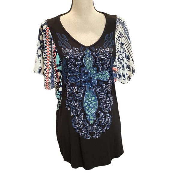 Be Vocal Rhinestone Cross Flutter Sleeve Mixed Print Tunic Top Medium USA Fairy - Picture 11 of 11